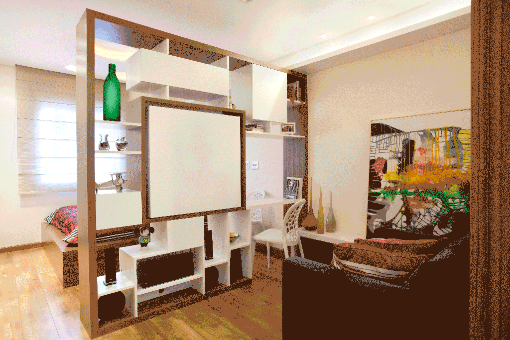  Kompakta apartamento de 32 m² havas manĝotablon, kiu eliras el kadro