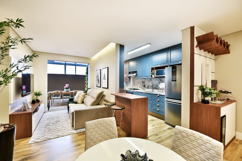  Stili provansal është rinovuar në një kuzhinë blu në një apartament modern